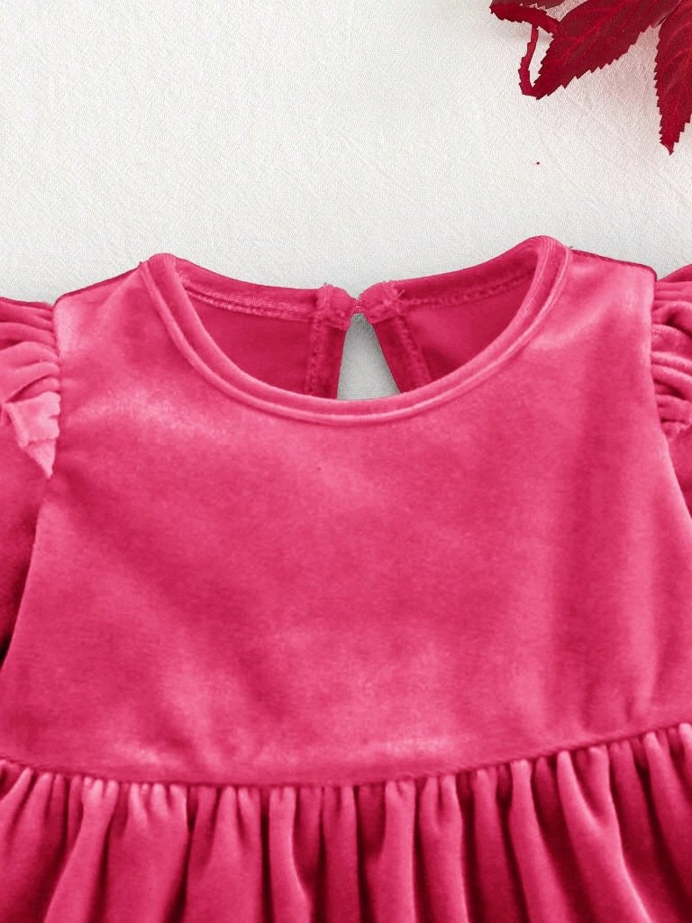 Baby Hot Pink Velvet Ruffle Long Sleeve Dress