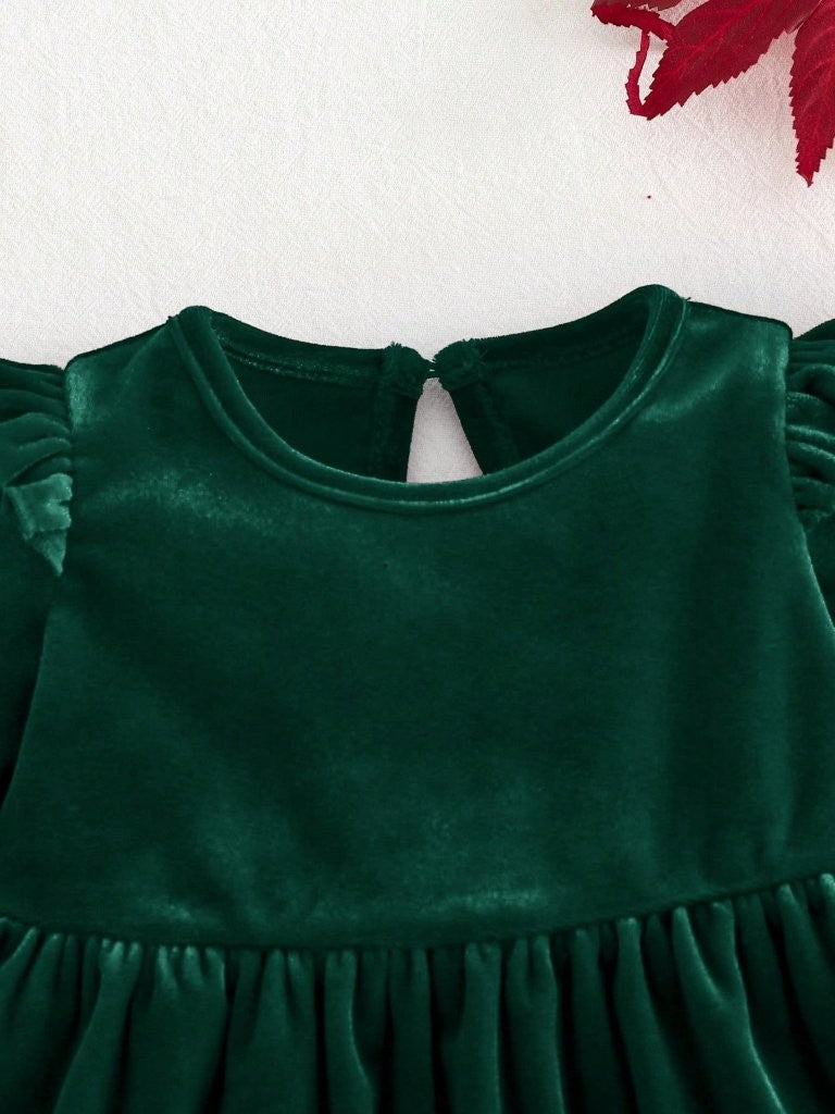 Baby Green Velvet Ruffle Long Sleeve Dress