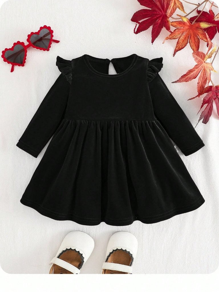 Baby Black Velvet Ruffle Long Sleeve Dress