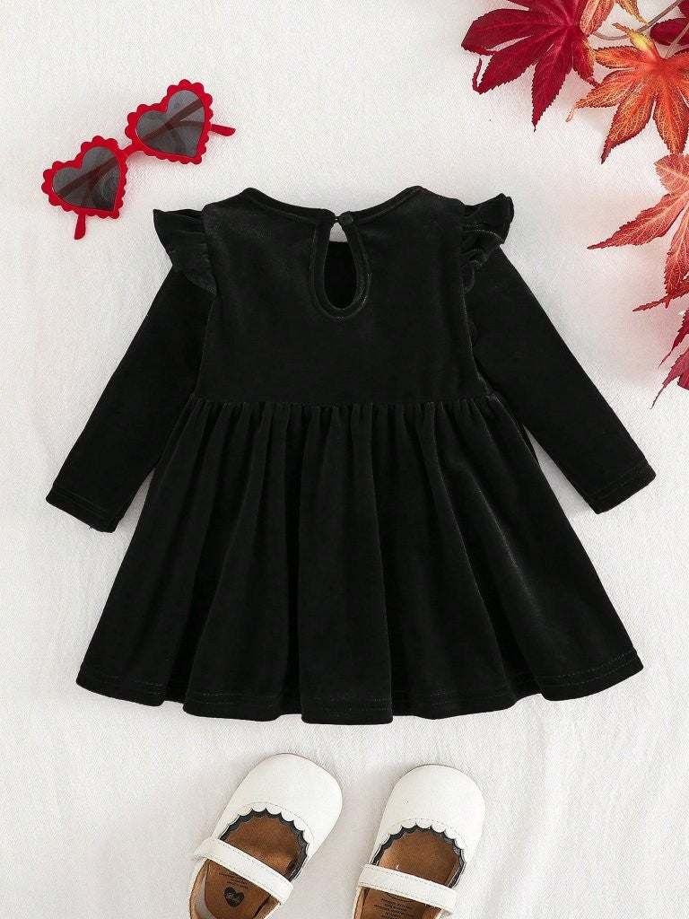 Baby Black Velvet Ruffle Long Sleeve Dress