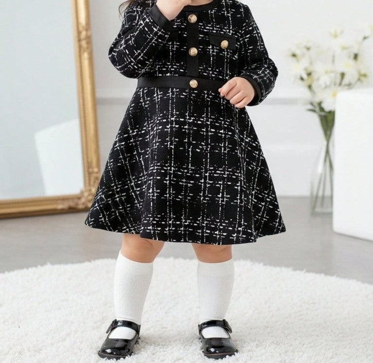 Baby Plaid Gold Button Long Sleeve Dress