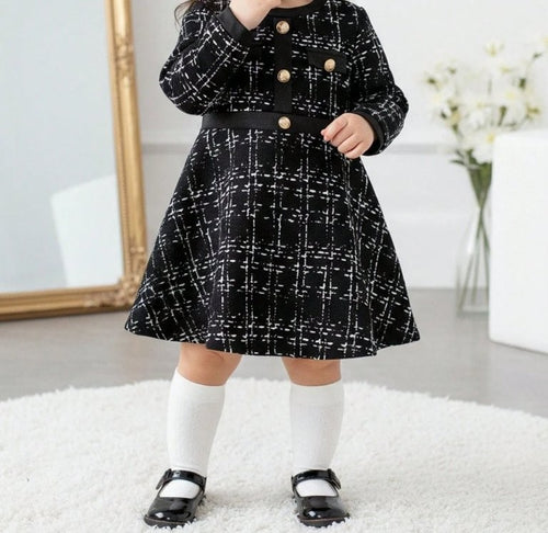 Baby Plaid Gold Button Long Sleeve Dress