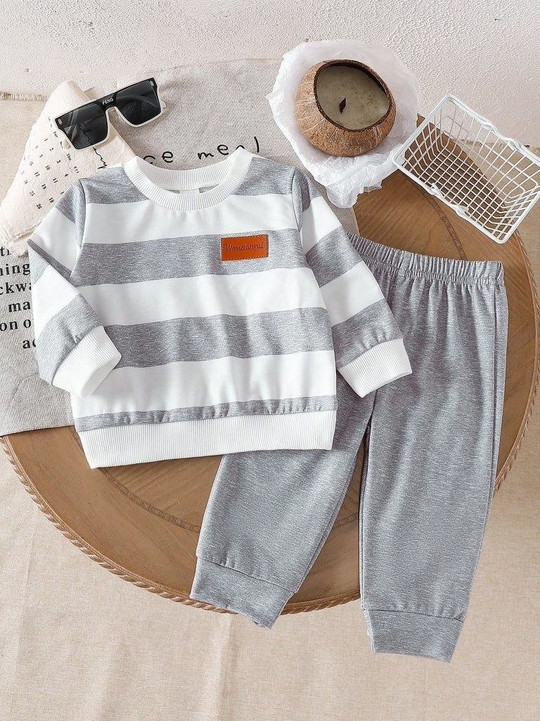 Baby Grey Stripe Crewneck Pullover And Pants Set