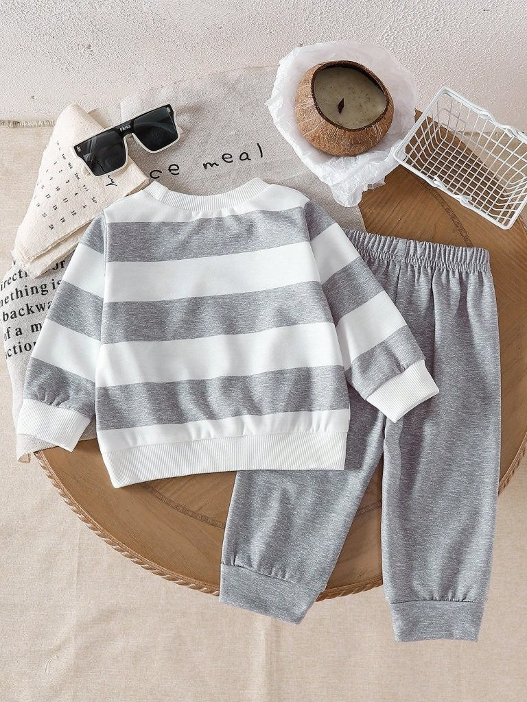 Baby Grey Stripe Crewneck Pullover And Pants Set
