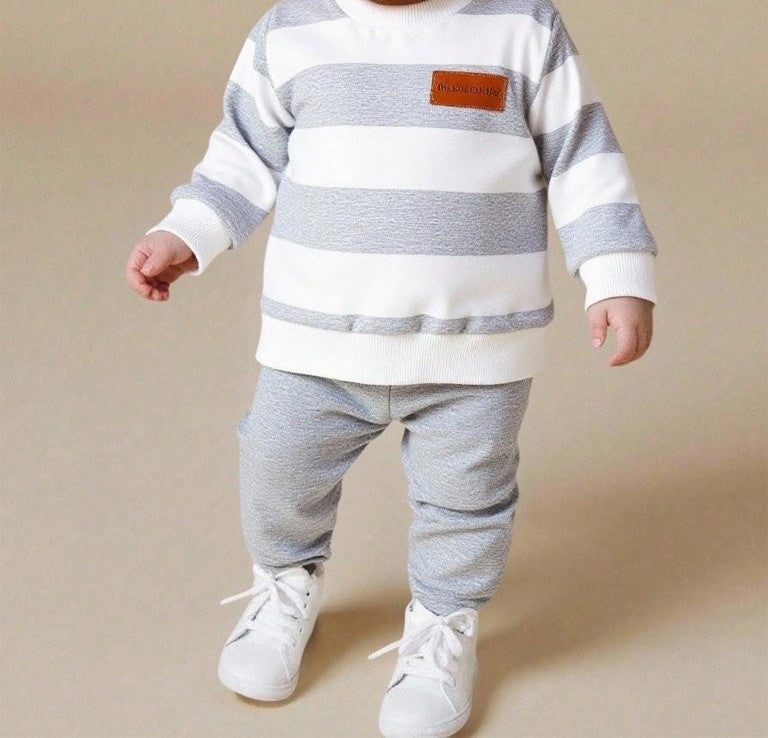 Baby Grey Stripe Crewneck Pullover And Pants Set