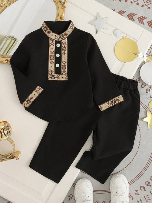 Baby Pattern Front Button Long Sleeve Shirt With Pants Set