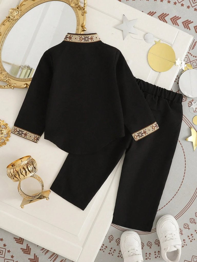 Baby Pattern Front Button Long Sleeve Shirt With Pants Set