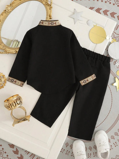 Baby Pattern Front Button Long Sleeve Shirt With Pants Set