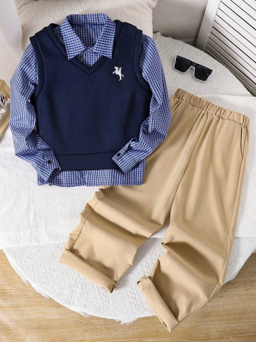 Toddler Boys 3 Piece Check Shirt With Body Vest And Pants