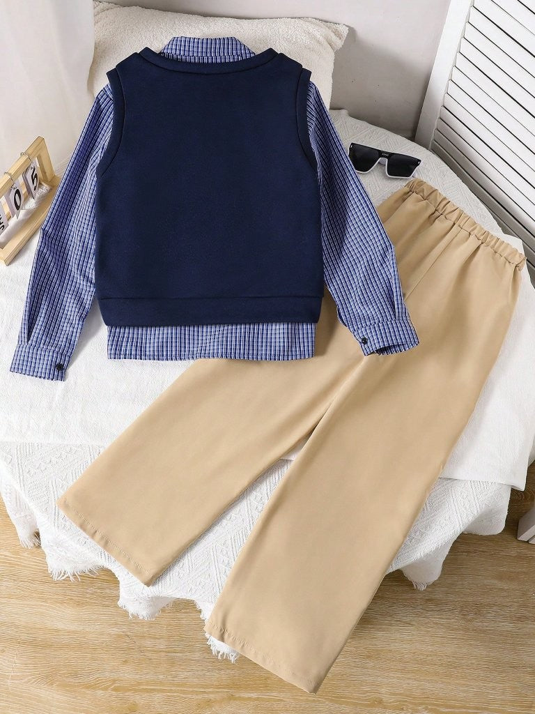 Toddler Boys 3 Piece Check Shirt With Body Vest And Pants