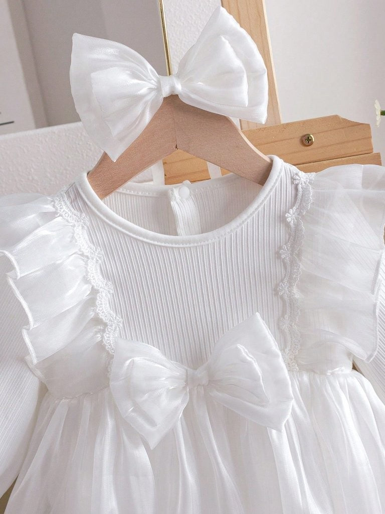 Baby Long Sleeve White Shiny Princess Bodysuit Dress