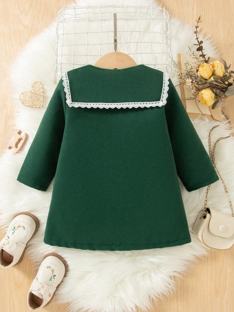 Baby Dark Green Lace Trim Collar Coat