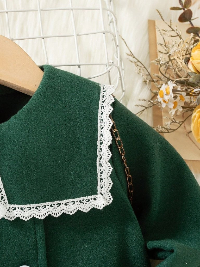 Baby Dark Green Lace Trim Collar Coat
