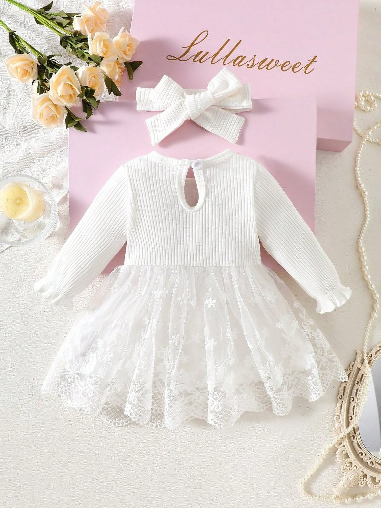 Baby White Embroidery Flower Long Sleeve Dress With Headband