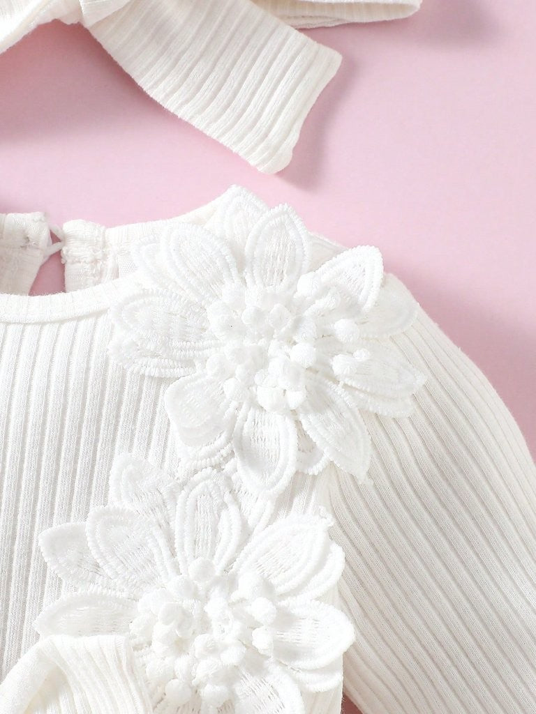 Baby White Embroidery Flower Long Sleeve Dress With Headband