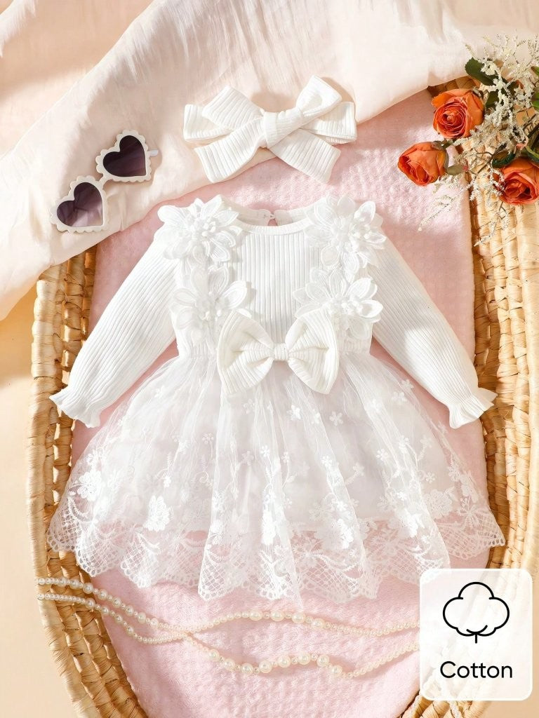 Baby White Embroidery Flower Long Sleeve Dress With Headband