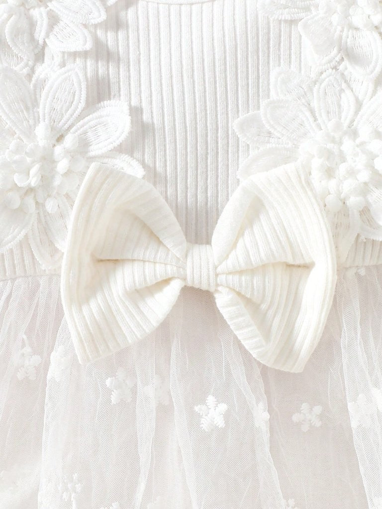 Baby White Embroidery Flower Long Sleeve Dress With Headband
