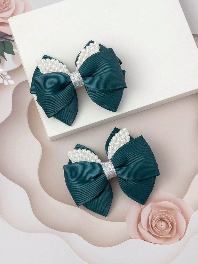 2 Piece Faux Pearl Green Hair Clips Set