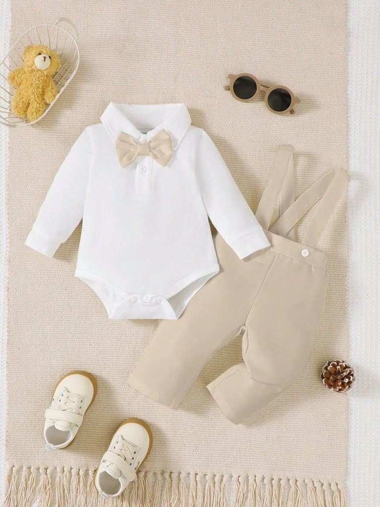 Baby 2 Piece Khaki Bow Tie Long Sleeve Suspender
