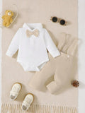 Baby 2 Piece Khaki Bow Tie Long Sleeve Suspender