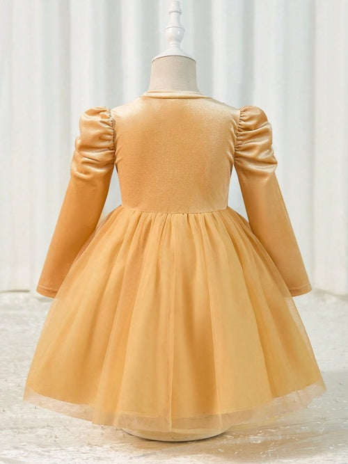 Toddler Girls Champagne Puff Sleeve Tulle Dress