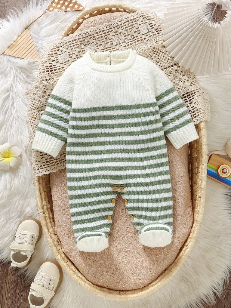 Baby Green Stripe Crew Neck Knitted Jumpsuit