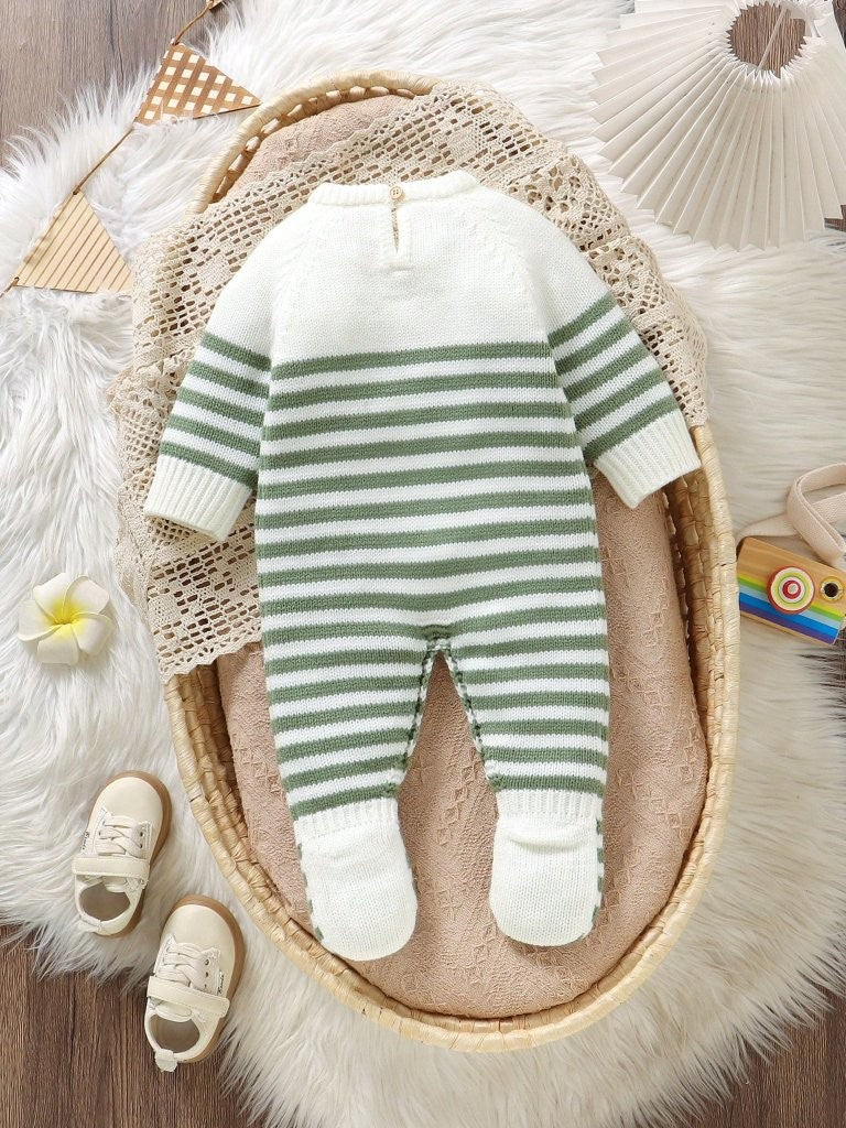 Baby Green Stripe Crew Neck Knitted Jumpsuit