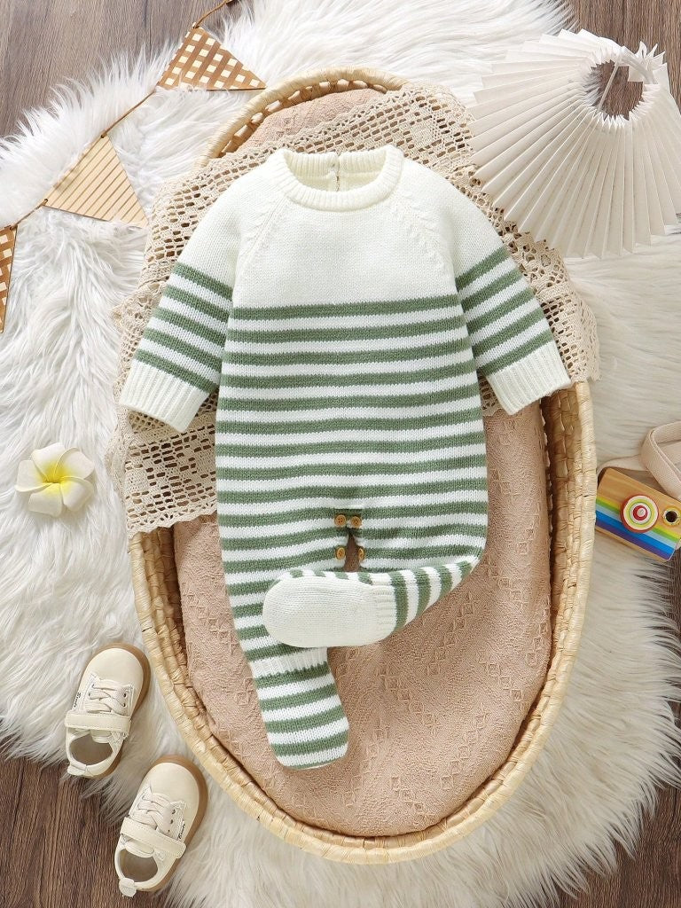 Baby Green Stripe Crew Neck Knitted Jumpsuit