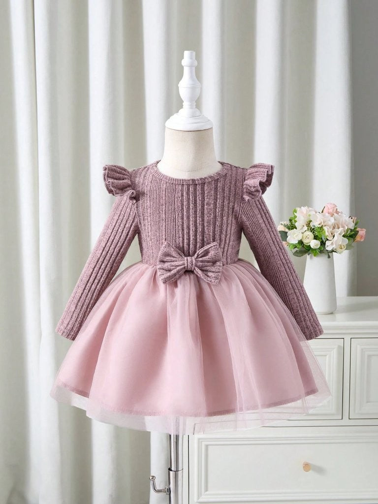 Baby Dusty Pink Ruffle Trim Bow Dress