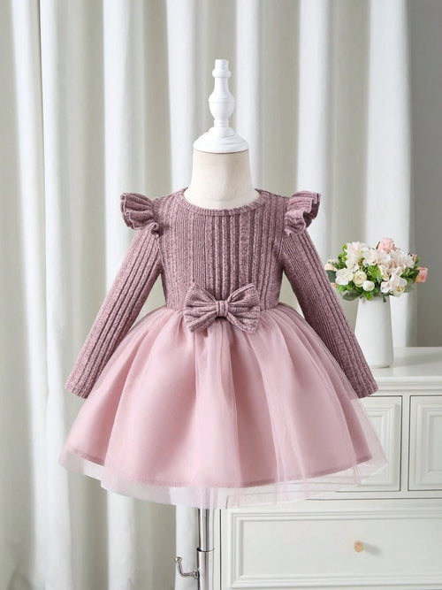 Baby Dusty Pink Ruffle Trim Bow Dress
