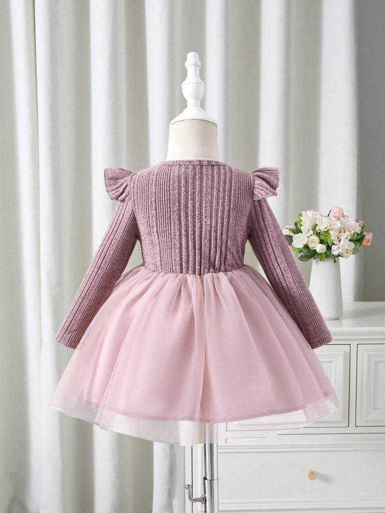 Baby Dusty Pink Ruffle Trim Bow Dress
