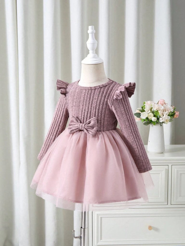Baby Dusty Pink Ruffle Trim Bow Dress