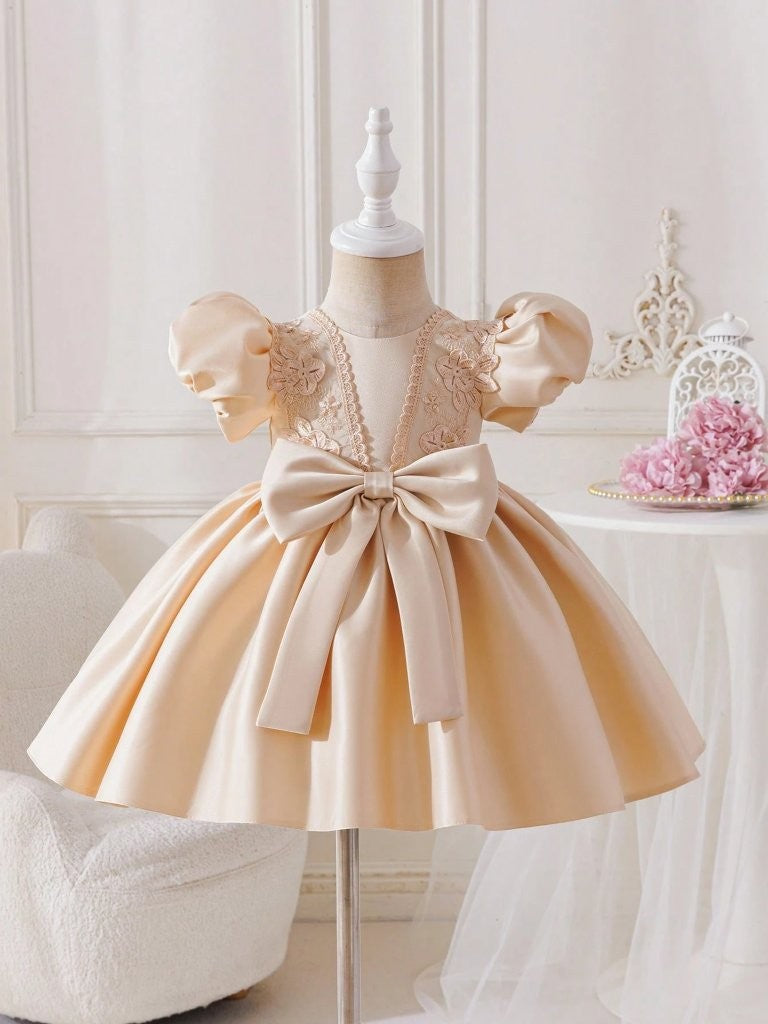 Baby Glamorous Elegant Satin Champagne Bow Dress
