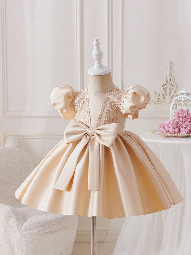Baby Glamorous Elegant Satin Champagne Bow Dress
