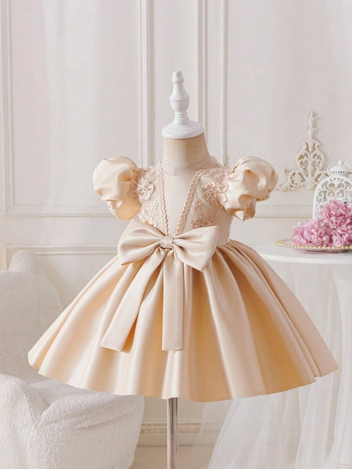 Baby Glamorous Elegant Satin Champagne Bow Dress