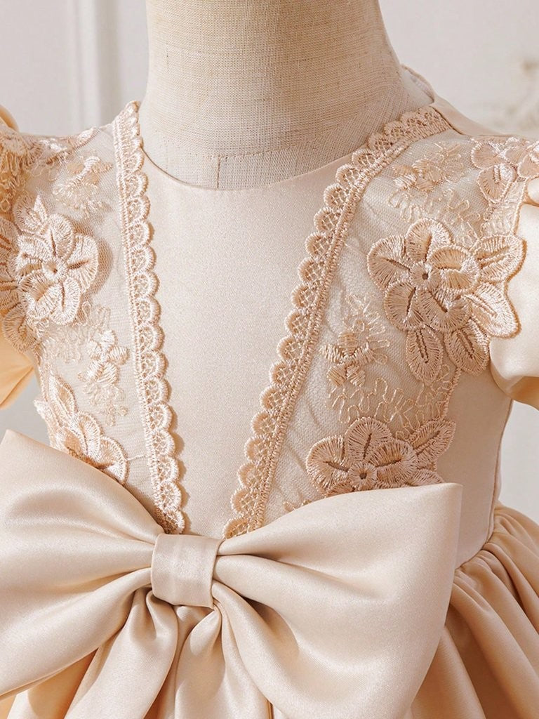 Baby Glamorous Elegant Satin Champagne Bow Dress