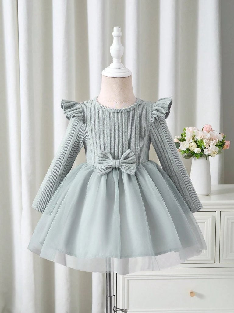 Baby Light Grey Ruffle Trim Bow Dress