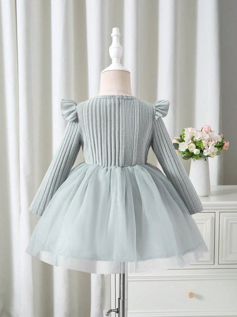 Baby Light Grey Ruffle Trim Bow Dress