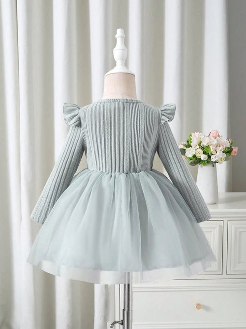Baby Light Grey Ruffle Trim Bow Dress