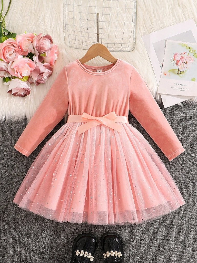 Toddler Girls Light Pink Star Sparkle Velvet Dress