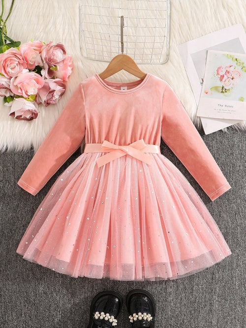 Toddler Girls Light Pink Star Sparkle Velvet Dress