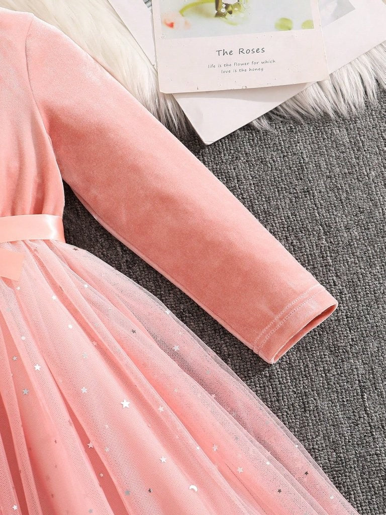 Toddler Girls Light Pink Star Sparkle Velvet Dress