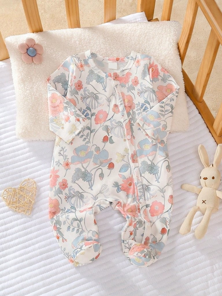 Baby Crew Neck Floral Pattern Jumpsuit
