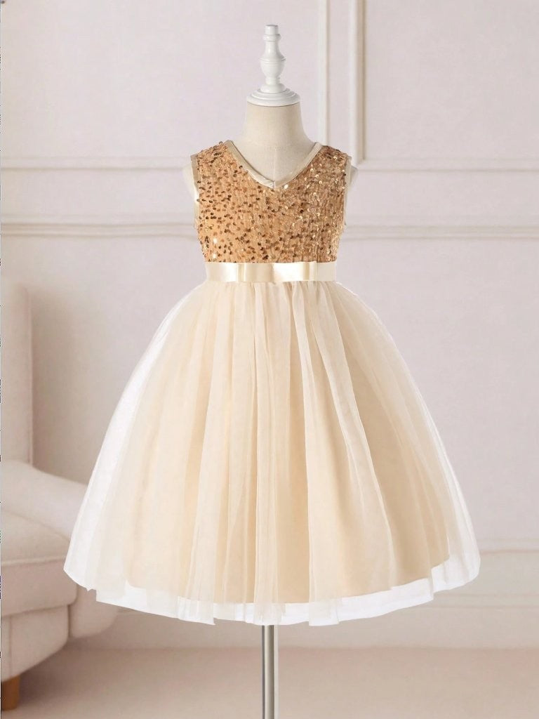 Toddler Girls Champagne Sequin Silk Belt Dress