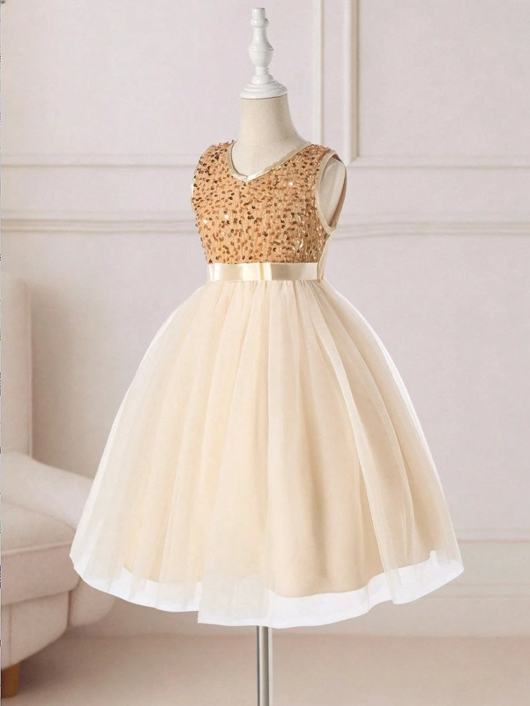 Toddler Girls Champagne Sequin Silk Belt Dress