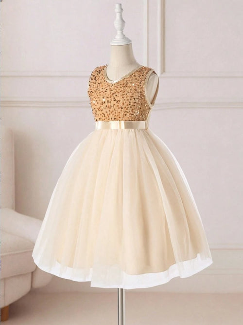 Toddler Girls Champagne Sequin Silk Belt Dress