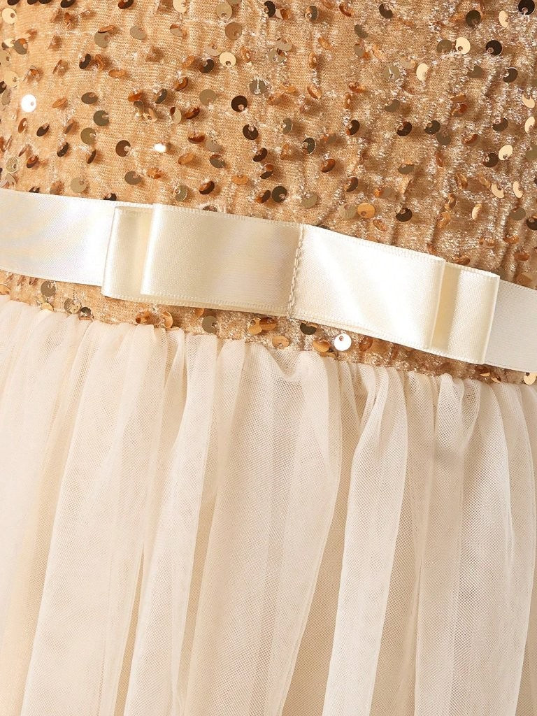 Toddler Girls Champagne Sequin Silk Belt Dress