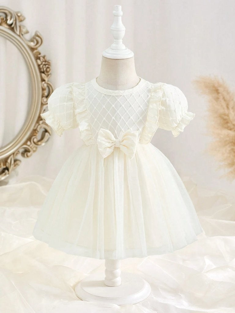 Baby Diamond Pattern Bow Dress Apricot