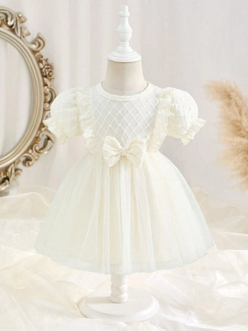 Baby Diamond Pattern Bow Dress Apricot