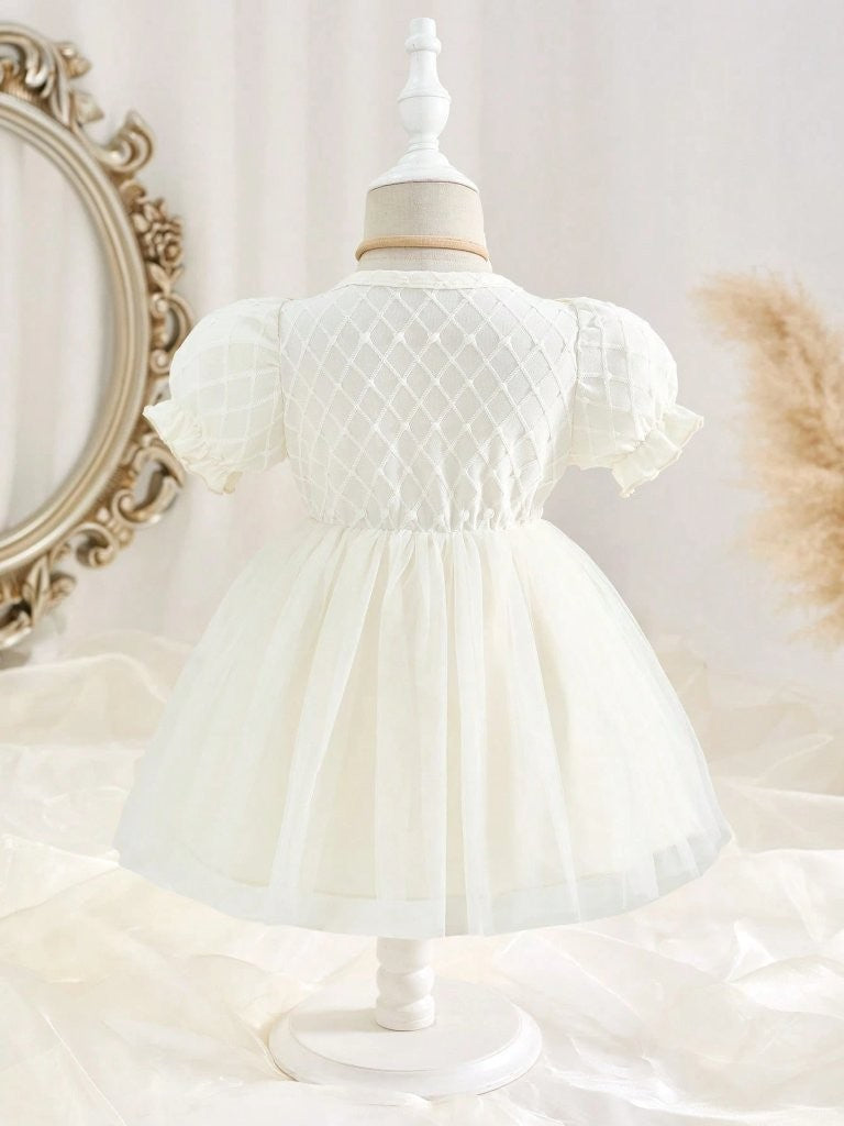 Baby Diamond Pattern Bow Dress Apricot